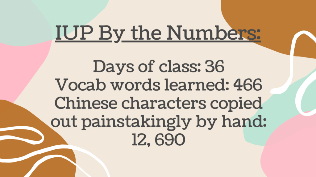 IUP By The Numbers:
Days of class: 36
Vocab words learned: 466 
Chinese characters copied out painstakingly by hand: 12,690
